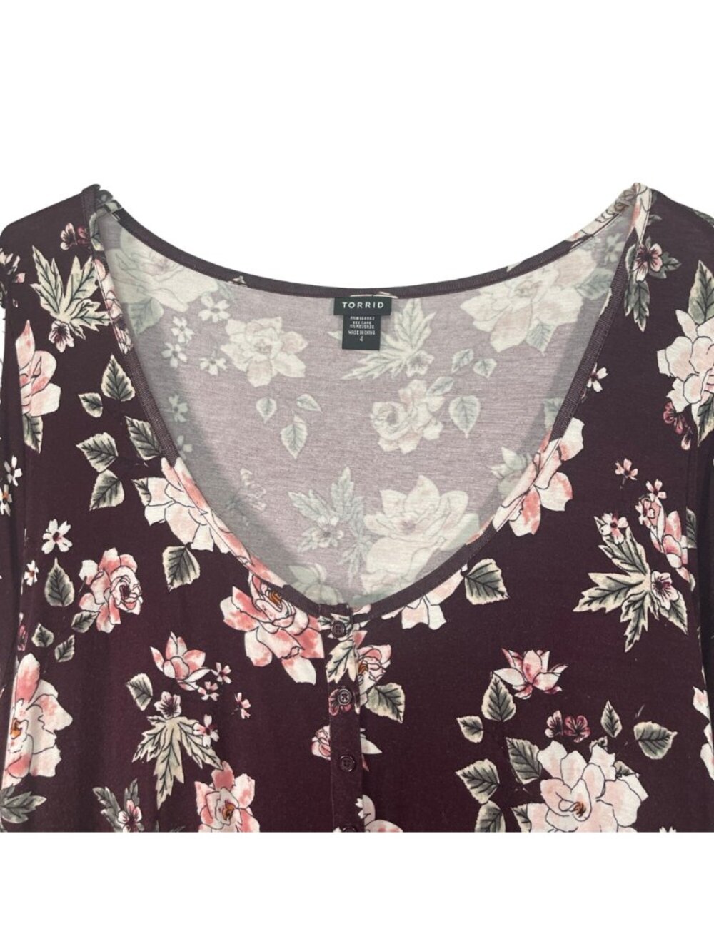 Torrid Womens Tunic Dress Burgundy Floral Size 4 Stretch Jersey 3/4 Sleeve - Picture 2 of 5